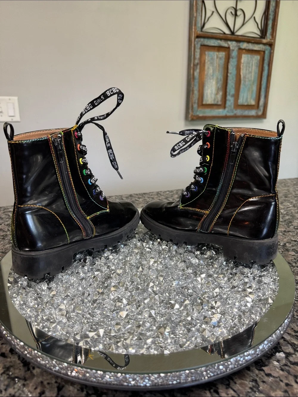 BCBGeneration girls Lace-Up Combat Boots with Rainbow Stitching